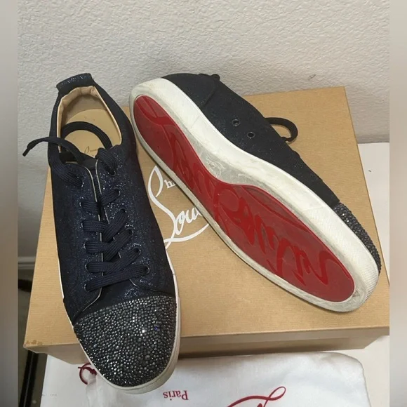 ❌SOLD❌ Christian Louboutin Navy Louis Junior Crystals Low-Top Sneakers SZ 47EU - Picture 4 of 12